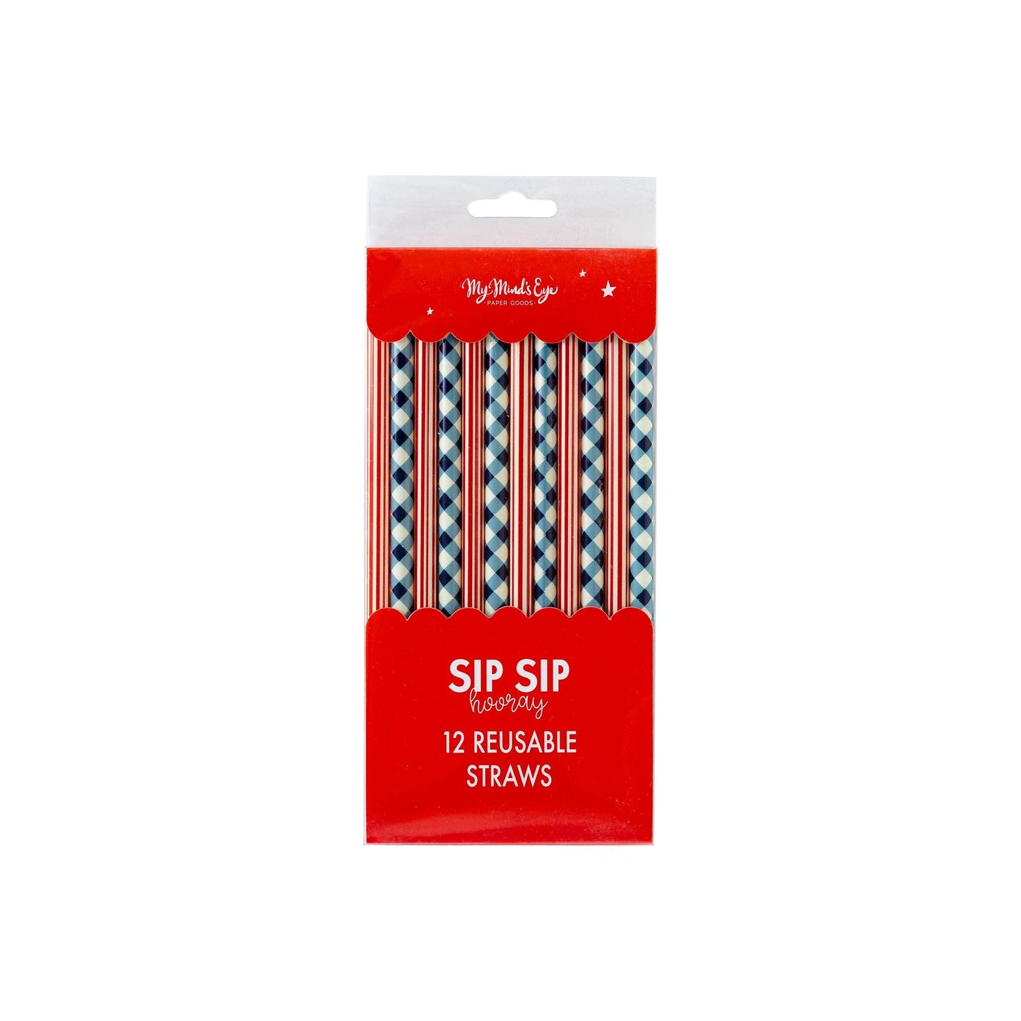 Red, White & Blue Reusable Party Straws – Plaid & Striped Patriotic Drink Straws (Set of 12)