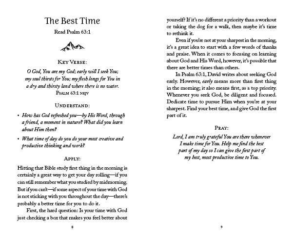 "Sample pages from 'The 5-Minute Bible Study for Men' showing scripture, reflection questions, devotional, and prayer prompt layout."
