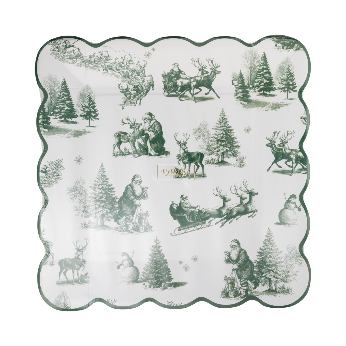 Green Christmas Toile 9" Square Paper Plate