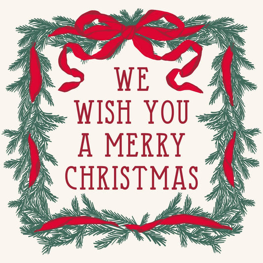 Christmas-themed text 'We Wish You a Merry Christmas' surrounded by greenery and red ribbons on a white background.