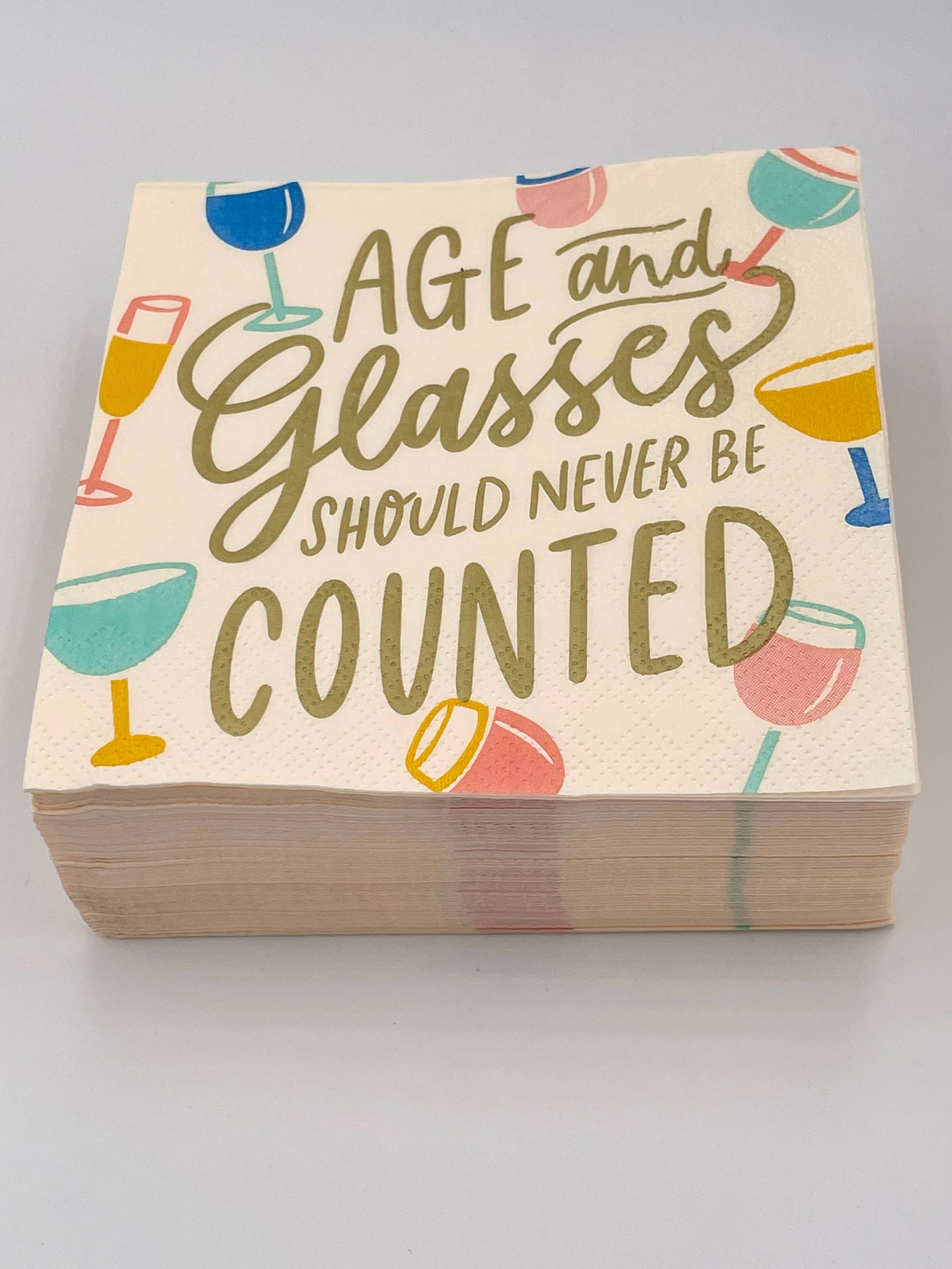 Add a touch of humor to your next birthday party with these "Age and Glasses of Wine Should Never Be Counted" cocktail napkins. These funny napkins are a great addition to any celebration and are sure to bring laughs (and maybe even some double meanings) to the table. Cheers to never taking ourselves too seriously!&nbsp;Paper Beverage/Appetizer/Cocktail Napkins/Disposable Paper Napkins for Parties and Entertainment/Party Supplies 20ct Dimensions: 3 ply 5" x 5"