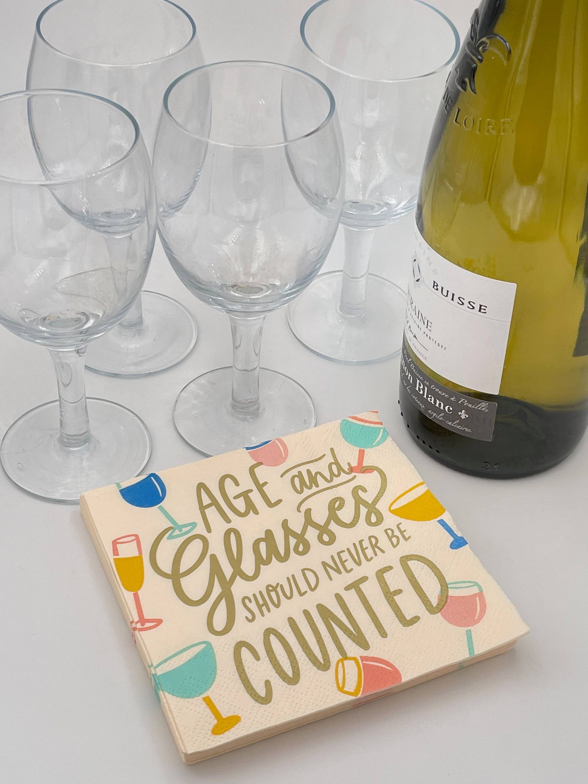 Add a touch of humor to your next birthday party with these "Age and Glasses of Wine Should Never Be Counted" cocktail napkins. These funny napkins are a great addition to any celebration and are sure to bring laughs (and maybe even some double meanings) to the table. Cheers to never taking ourselves too seriously!&nbsp;Paper Beverage/Appetizer/Cocktail Napkins/Disposable Paper Napkins for Parties and Entertainment/Party Supplies 20ct Dimensions: 3 ply 5" x 5"