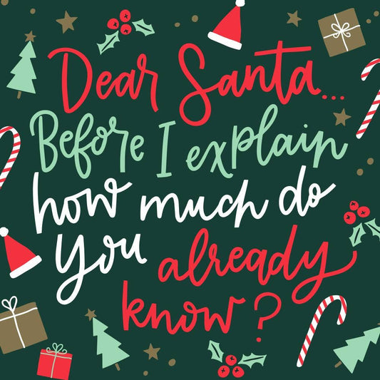Get ready to laugh with these Santa, How Much Do You Know? Cocktail Napkins! With a pack of 20 3-ply napkins measuring 5"x5", these funny Christmas napkins will add a touch of humor to your holiday party. Cheers to that!&nbsp;Festive Themed Beverage/Appetizer/Cocktail Napkins/Disposable Napkins for Holiday Parties and Entertainment&nbsp;

20 Napkins
3 ply 
5" x 5"