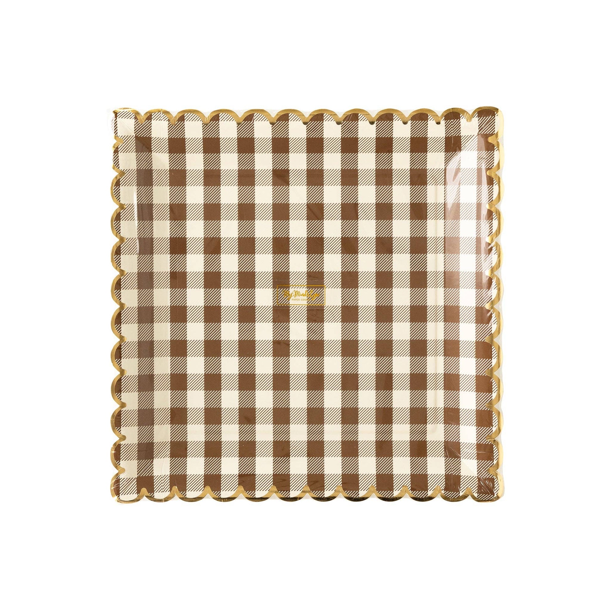 Serve up some serious style with our Brown Gingham Scalloped Plate! This harvest tabletop essential adds a pinch of charm to any meal. Whether your style is fun and festive or elegant and traditional, elevate your Thanksgiving tabletop game with this chic and playful design.

&nbsp;• 8 paper plates 
• 10" square plates with gold foil scalloped edges