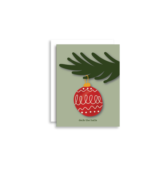 "Deck the Halls" Christmas Greeting spreads some holiday cheer with an illustrated vintage red Christmas ornament.