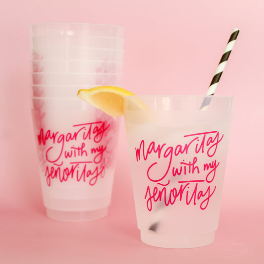 The "Margaritas With My Senoritas" Party Cups are perfect for your next girls night or bachelorette party! Best of all, you can use these time and time again - they're dishwasher safe! Cups come in a cellophane sleeve with a black and white striped ribbon tied in a bow at the top. 