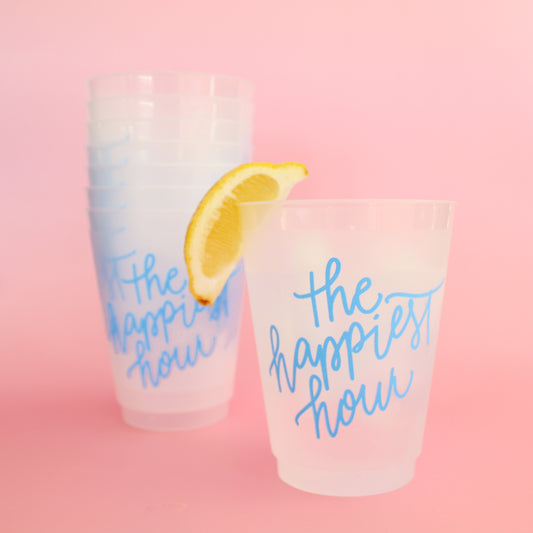 happy hour cups, happiest hour cups, cocktail cups, frostflex cups, acrylic cups, bachelorette party cup, happy hour party cup, bar cart supplies, outdoor party cup, girls trip cup, girls weekend cup, the happiest hour cup
