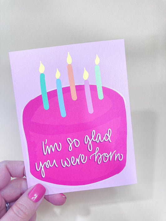 I'm So Glad You Were Born Birthday Greeting Card are packaged with love and care as each card arrives with its own envelope, ready to bring smiles as soon as it's opened. The card is folded to 4.25" tall by 5.5" wide, is blank inside and comes with a matching white envelope. Cards are packaged in cellophane sleeves.  