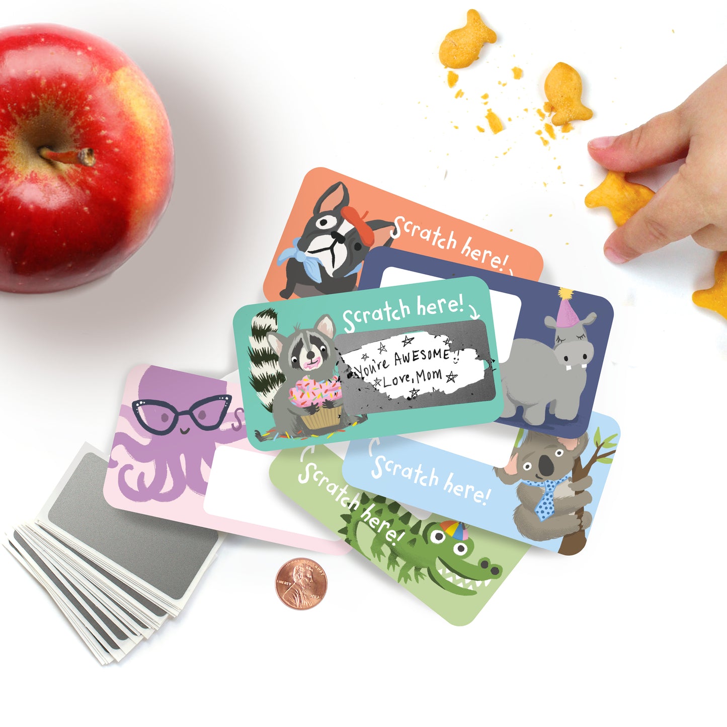 24 scratch-off lunchbox notes! Simply write your own special handwritten message in the designated area, cover it with the scratch-off sticker provided, and scratch to reveal your hidden message! These tiny notes are the perfect size to slip into a lunch bag or coat pocket of someone special. Animal Scratch off note cards