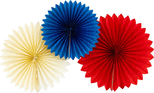  4th of July Decorations 🇺🇸, Patriotic Party Decor 🎉, Red White and Blue Party Fans 🎇, Memorial Day Decor 🎆, Independence Day Decorations 🎈, USA Themed Party Supplies 🎊, Hanging Tissue Fans 🎀, American Flag Party Decor 🎯, Fourth of July BBQ Decor 🍔, Reusable Party Decorations 🏡, "Add a festive touch to your celebration with our Red, White & Blue Tissue Party Fans! 🎉 Perfect for 4th of July, Memorial Day, and patriotic events, these hanging fans come in 20", 18", and 15" sizes for a bold, dynamic