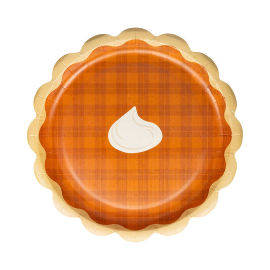 Pie Dessert Paper Plate – novelty pumpkin pie–shaped plate, a 8.5" plate with a scalloped edge and pumpkin pie print with plaid details and a whipped cream dollop in the middle. Perfect for thanksgiving, Friendsgiving or kids fall school parties - dessert table or dinner plates