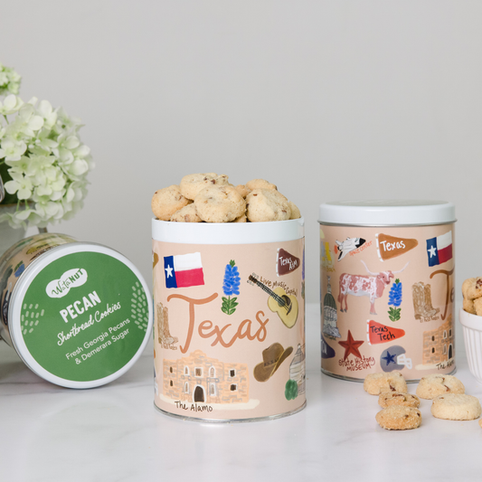 Texas State Gift Tin with praline pecans featuring illustrated Texas cities and landmarks
