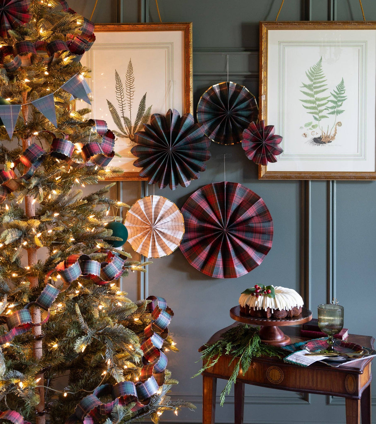 Plaid Paper Fan Holiday Decor | Set of 5