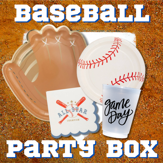 baseball themed party box with plates, cups, and napkins