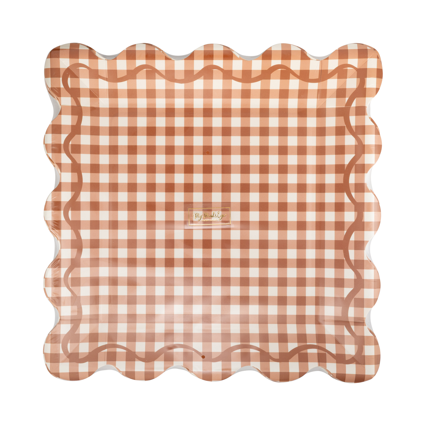 Rust Gingham Scalloped Paper Plates – Fall, Thanksgiving & Friendsgiving Tableware, Set of 8
