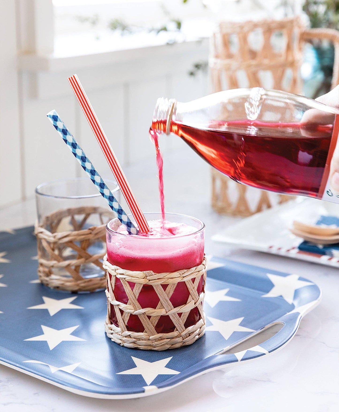 Red, White & Blue Reusable Party Straws – Plaid & Striped Patriotic Drink Straws (Set of 12)
