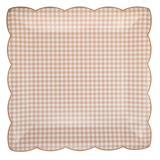 Light Brown Gingham Scalloped Edge Paper Plate