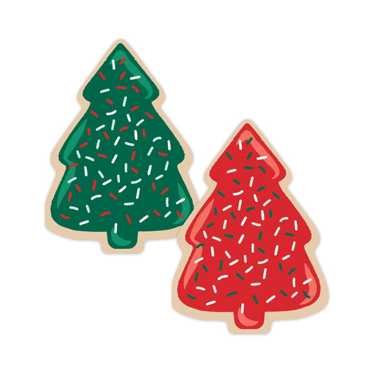 Two Christmas napkins that are tree-shaped cookies with sprinkles on a white background