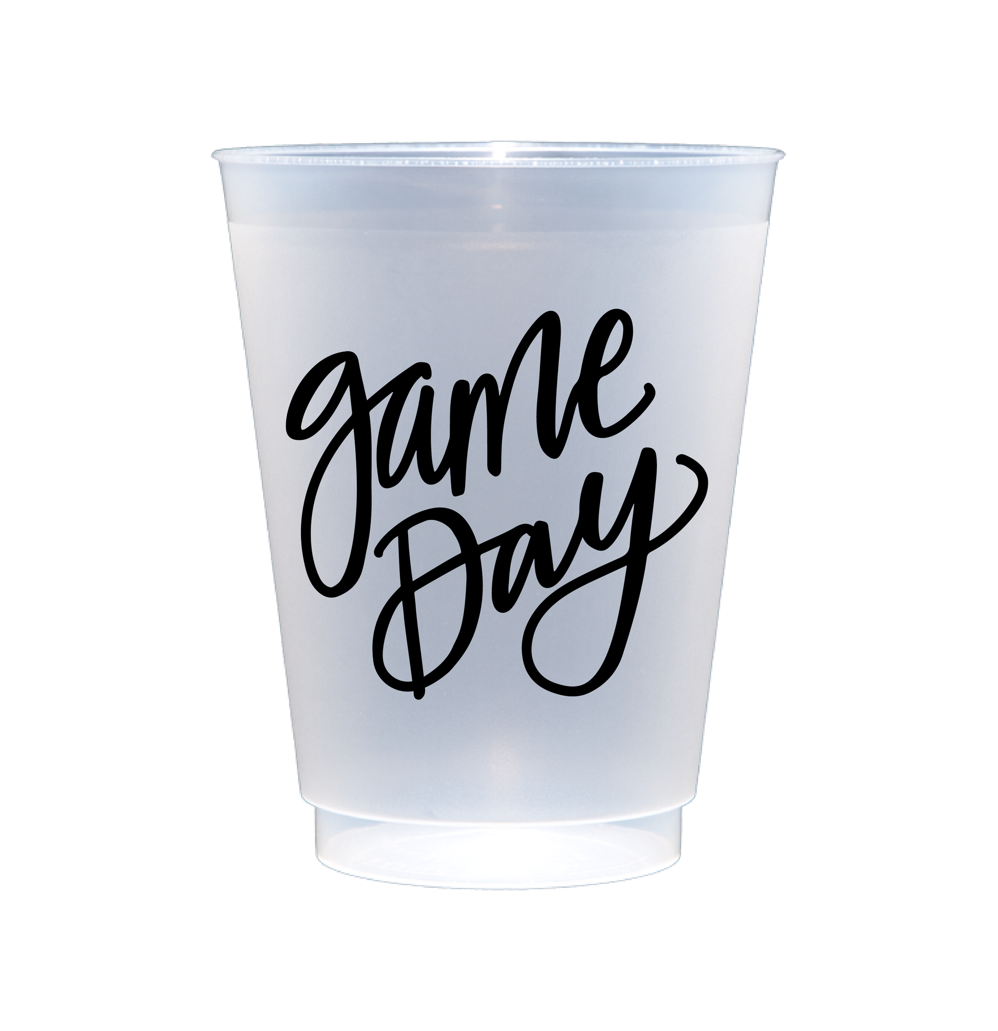 clear plastic party cup with black game day script