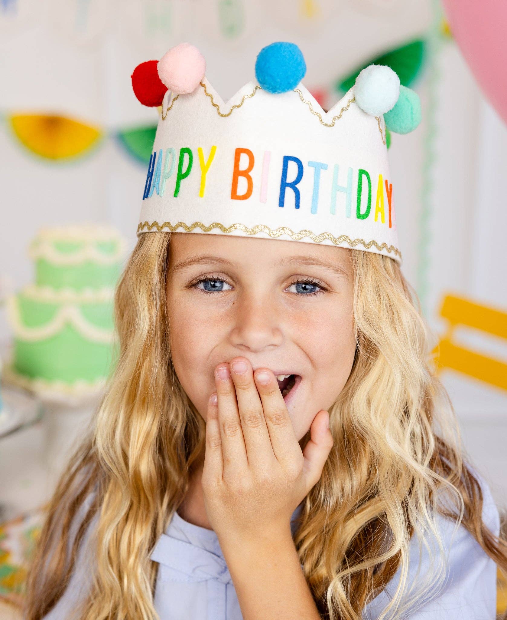 "A soft felt Happy Birthday crown featuring bright pom-poms and adjustable ribbon ties for a perfect fit. This festive birthday accessory is great for kids and adults, making it ideal for parties, cake smash photos, and milestone celebrations. A fun and stylish way to make the birthday star stand out!" birthday crown, felt birthday hat, birthday accessories, pom-pom crown, kids birthday party, first birthday outfit, birthday photo prop, celebration crown, party headwear, birthday