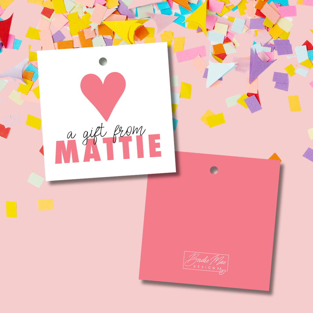 square gift tag with pink heart and personalized name