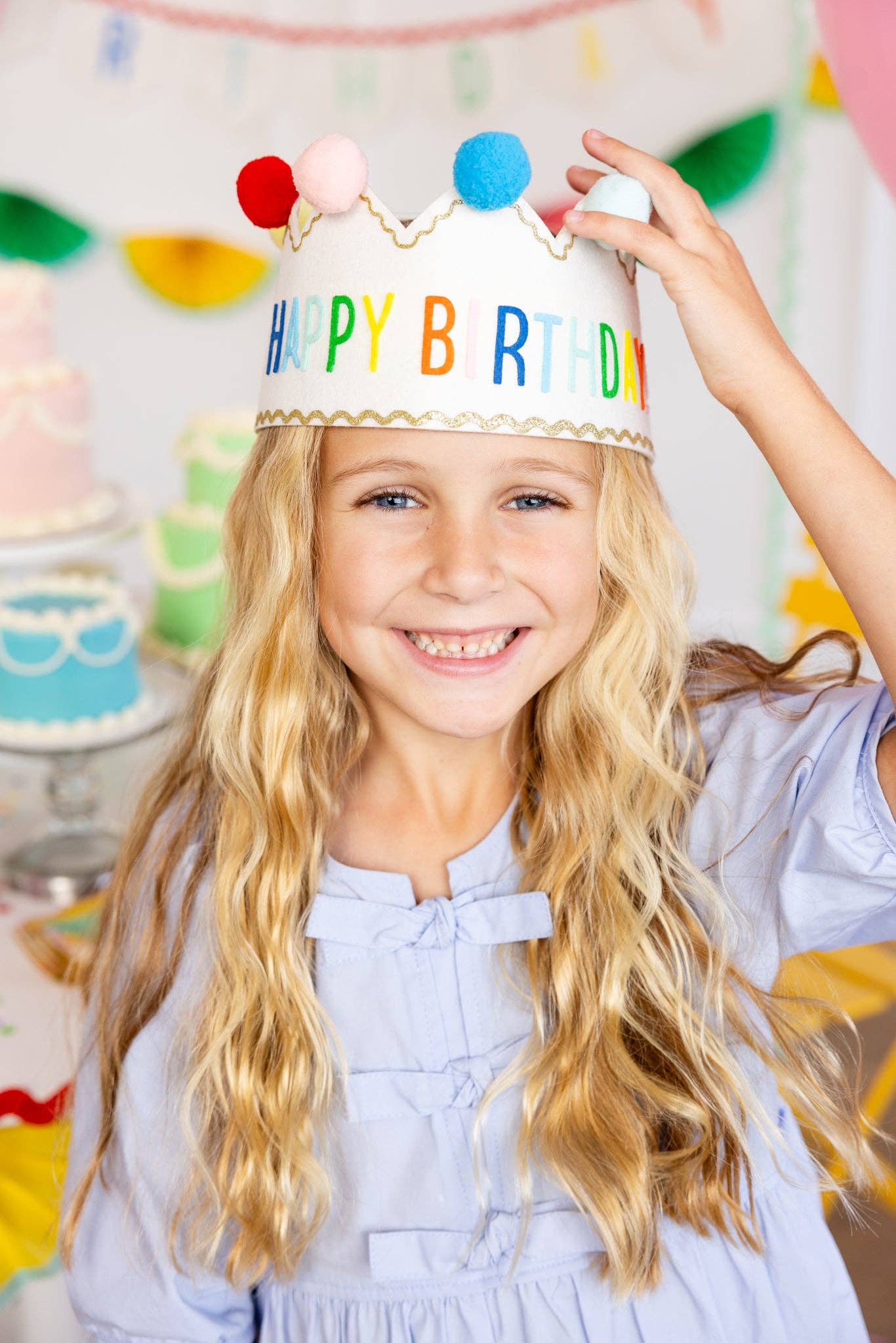 "A soft felt Happy Birthday crown featuring bright pom-poms and adjustable ribbon ties for a perfect fit. This festive birthday accessory is great for kids and adults, making it ideal for parties, cake smash photos, and milestone celebrations. A fun and stylish way to make the birthday star stand out!" birthday crown, felt birthday hat, birthday accessories, pom-pom crown, kids birthday party, first birthday outfit, birthday photo prop, celebration crown, party headwear, birthday