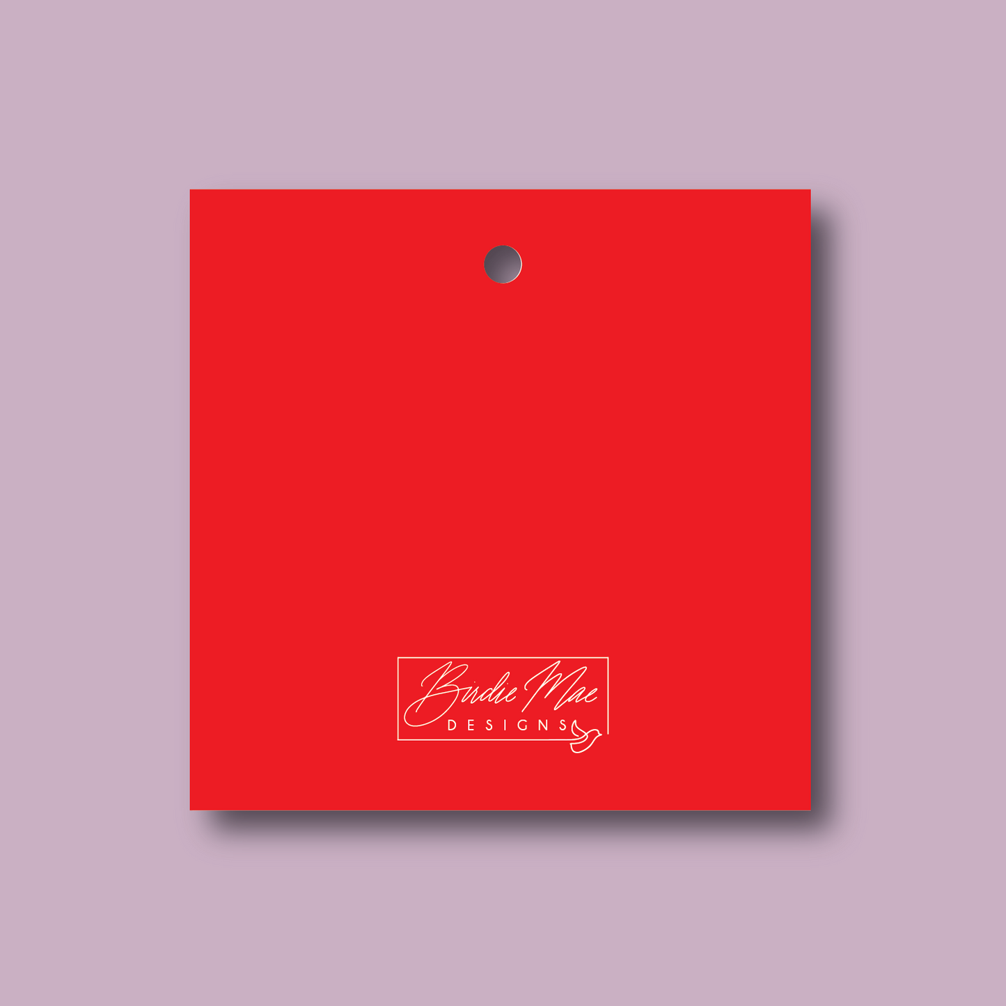 solid red gift tag with birdie mae logo