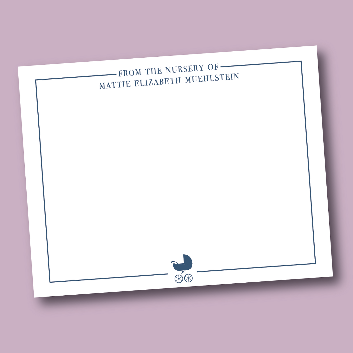 navy nursery thank you note with baby stroller and name