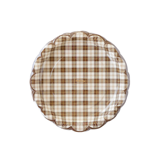 Scallop Brown Plaid Thanksgiving Paper Plate