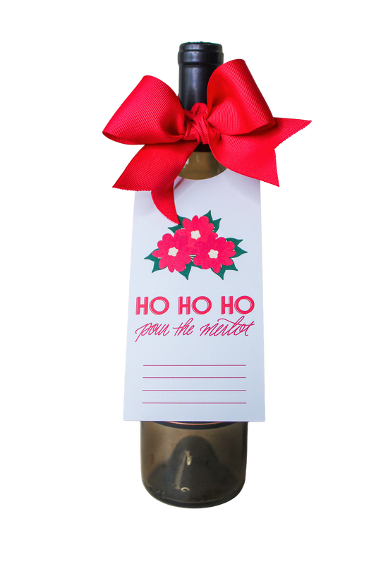 "Ho Ho Ho Pour The Merlot"  Holiday Bottle Neck Gift Tags. These tags come complete with pre-cut ribbons, simplifying your gift presentation. Just slide the tag onto the bottle neck, tie the ribbon into a beautiful bow,