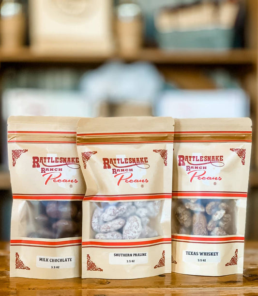 Rattlesnake Ranch Pecans with our 3.5 oz. Snack Size Kraft Bag,