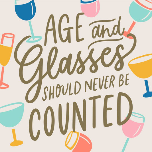 Add a touch of humor to your next birthday party with these "Age and Glasses of Wine Should Never Be Counted" cocktail napkins. These funny napkins are a great addition to any celebration and are sure to bring laughs (and maybe even some double meanings) to the table. Cheers to never taking ourselves too seriously!&nbsp;Paper Beverage/Appetizer/Cocktail Napkins/Disposable Paper Napkins for Parties and Entertainment/Party Supplies 20ct Dimensions: 3 ply 5" x 5"