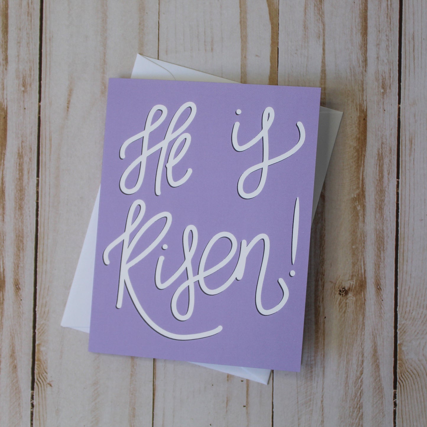Our "He Is Risen!" card is a simple but perfect way to send Easter greetings! Each card is folded to 4.25" tall by 5.5" wide, is blank inside and comes with a matching white envelope. Cards are packaged in cellophane sleeves.  