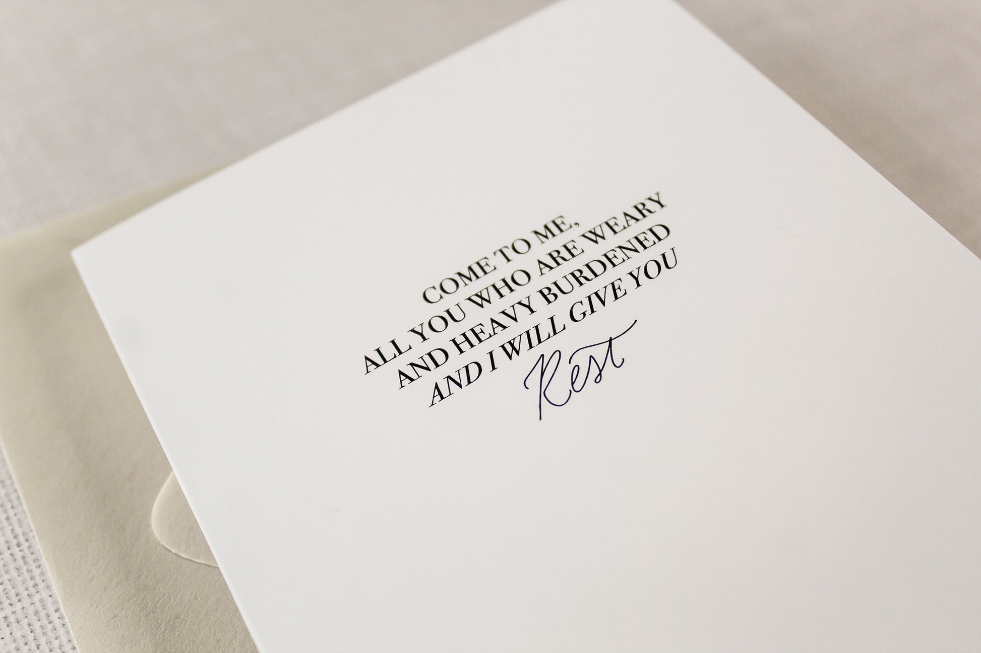 'Come to Me & I Will Give You Rest' encouraging greeting card. Featuring the uplifting message, 'Come to me all you who are weary and heavy burdened and I will give you rest,' this card provides a heartfelt message of solace.