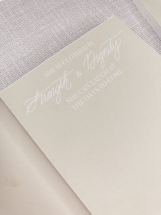 inspirational notepad, She Is Clothed In Strength & Dignity notepad, Christian notepad