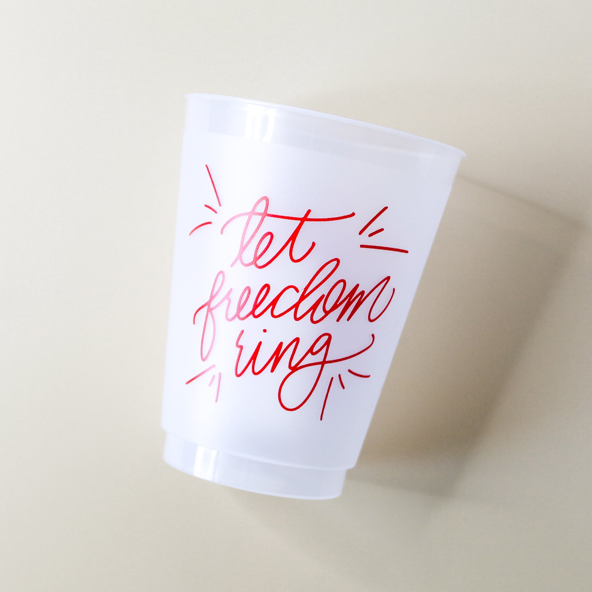 These cups are perfect for your Fourth of July or Memorial Day parties! Best of all, you can use these time and time again - they're dishwasher safe!  These patriotic cups come in a cellophane sleeve with a black and white striped ribbon tied in a bow at the top. 