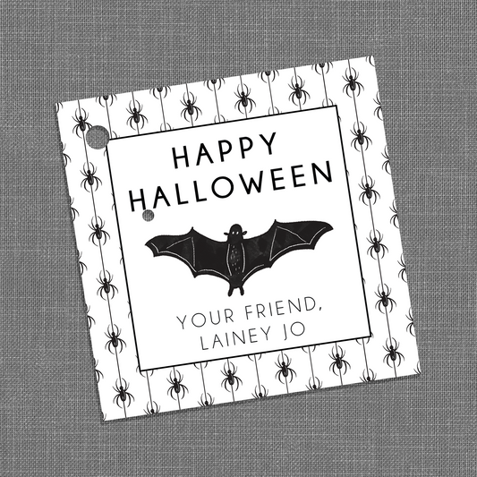 customizable "Happy Halloween!" gift tags, Halloween gift tag with bat and spiders