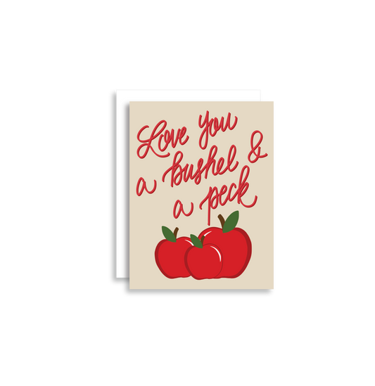 "Love You A Bushel and A Peck" greeting card is part of our cheerful fruit collection and so sweet for a little note of love or thanks to a special friend or child. Each card is folded to 4.25" tall by 5.5" wide, is blank inside and comes with a matching white envelope. Cards are packaged in cellophane sleeves. 