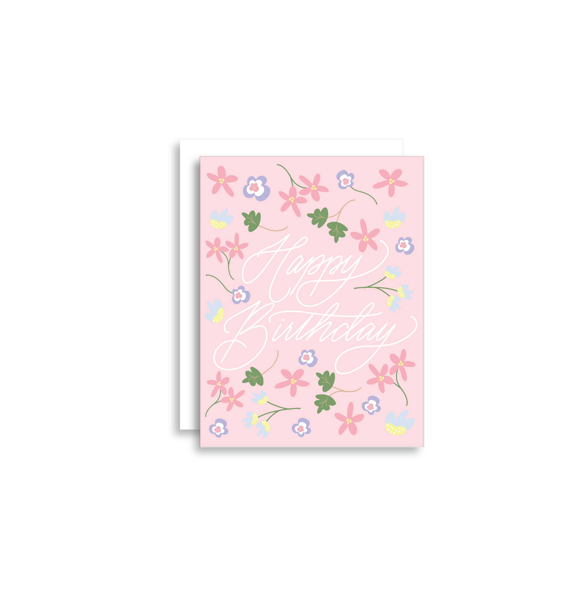 Our "Happy Birthday" card is too cute! Each card is folded to 4.25" tall by 5.5" wide, is blank inside and comes with a matching white envelope. Cards are packaged in cellophane sleeves.