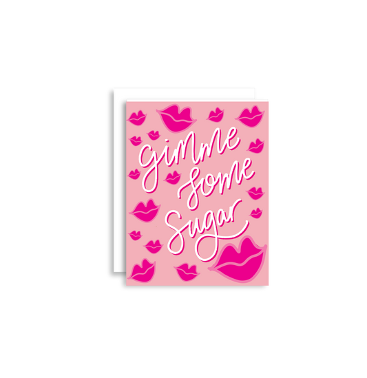 Our "Gimme Some Sugar" Valentine's Day card features hand drawn kissy lips on a pink background - it is perfect for a kid or adult! Each card is folded to 4.25" tall by 5.5" wide, is blank inside and comes with a matching white envelope. Cards are packaged in cellophane sleeves.