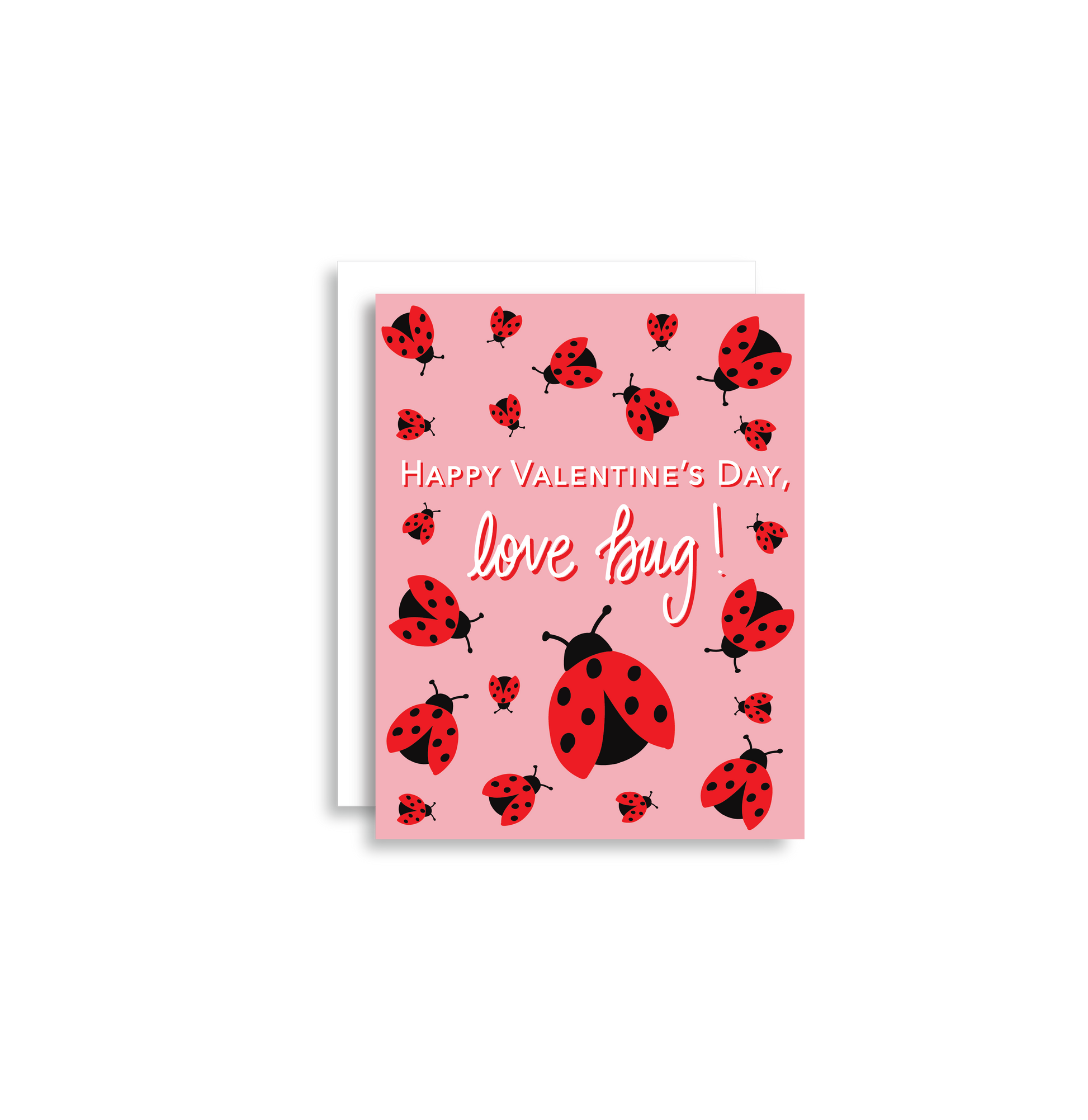 Our "Happy Valentine's Day, Love Bug!" Valentine's Day card features hand drawn lady bugs on a pink background - it is perfect for a kid or adult! Each card is folded to 4.25" tall by 5.5" wide, is blank inside and comes with a matching white envelope. Cards are packaged in cellophane sleeves.
