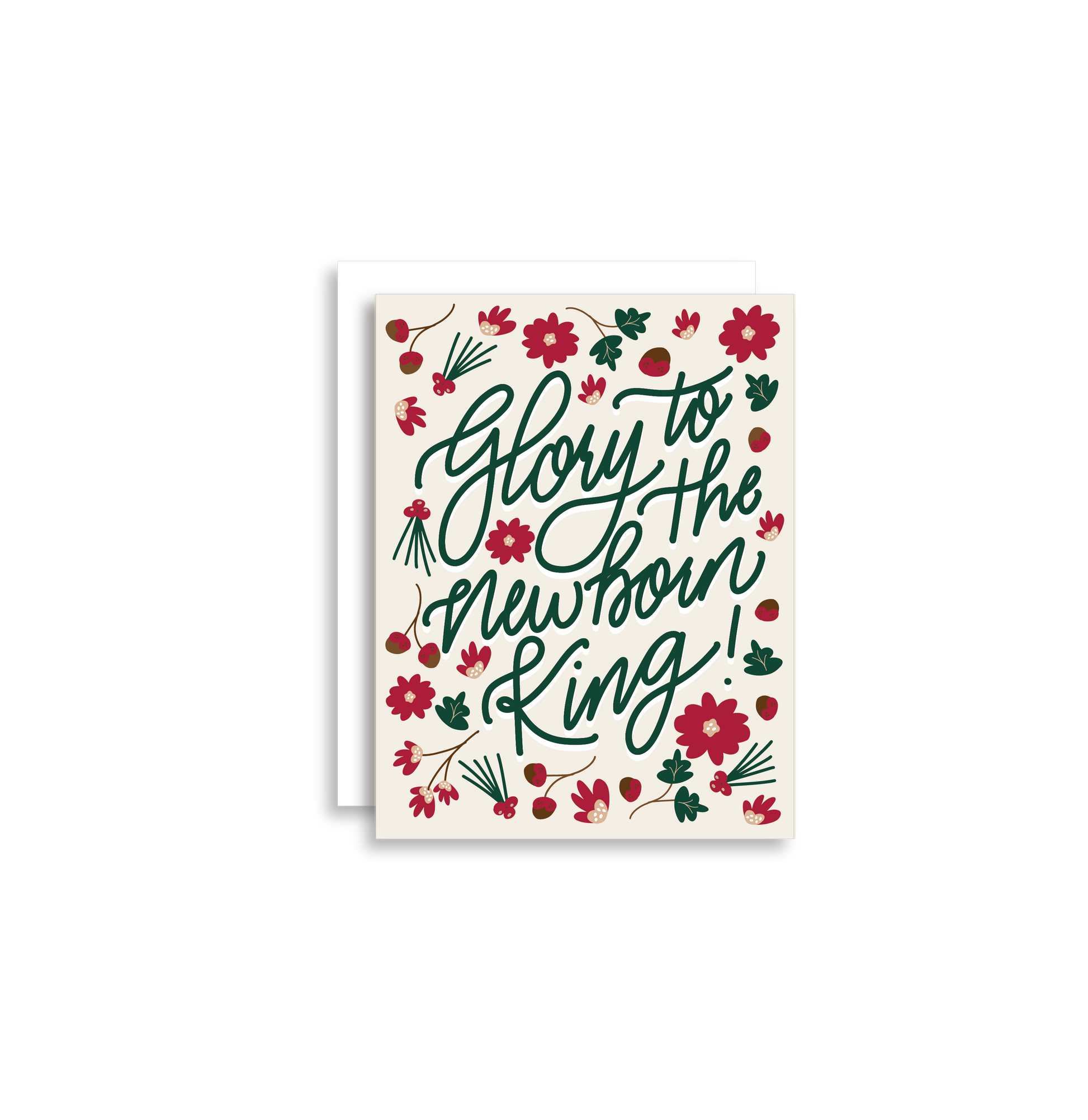 "Glory to the Newborn King!" Christmas Greeting Card is a festive way to bring joy during the holiday season. Each card is folded to 4.25" tall by 5.5" wide, is blank inside and comes with a matching white envelope. Cards are packaged in cellophane sleeves.